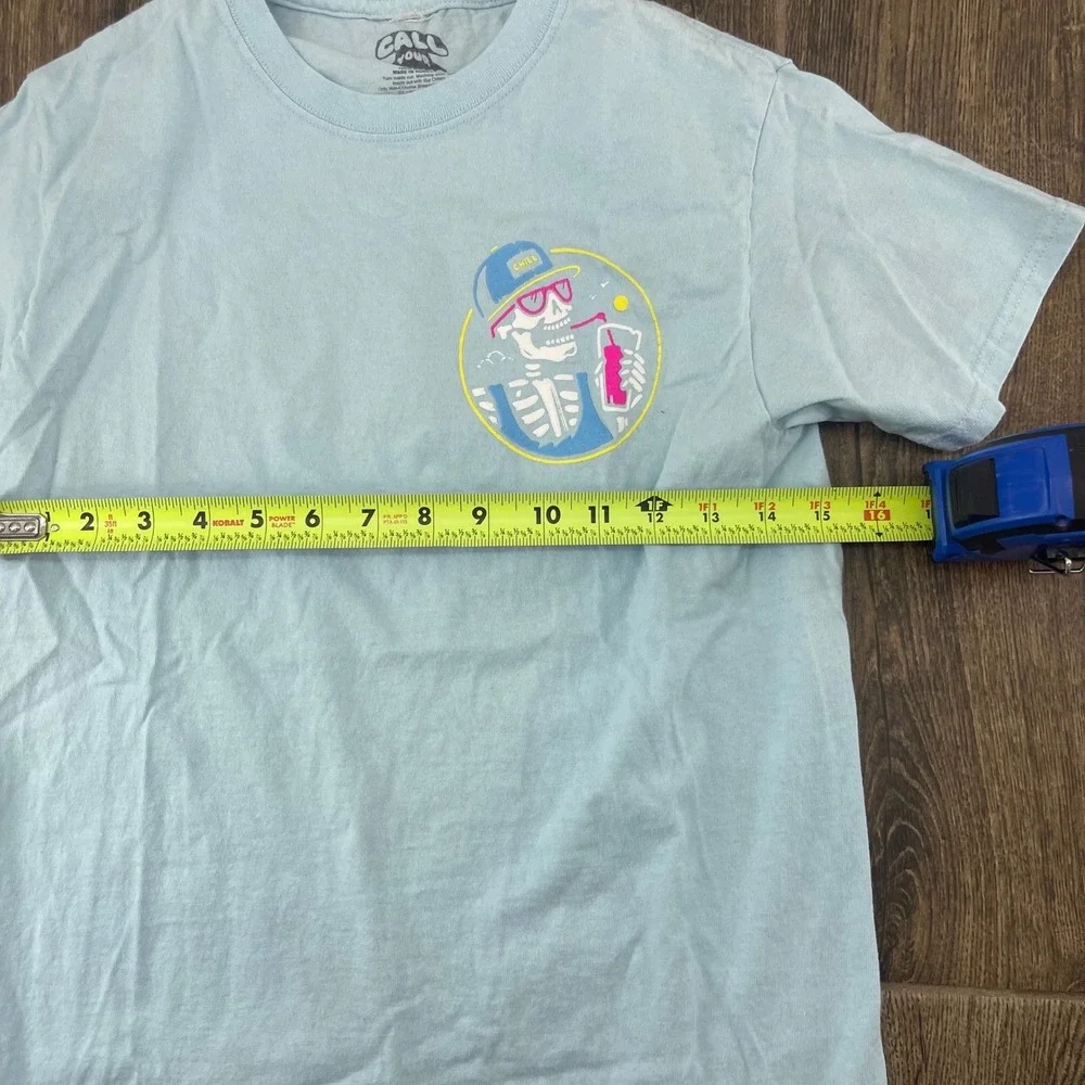 Call Your Mother Skeleton Drink Graphic T Shirt Light Blue Short Sleeve Cotton S
